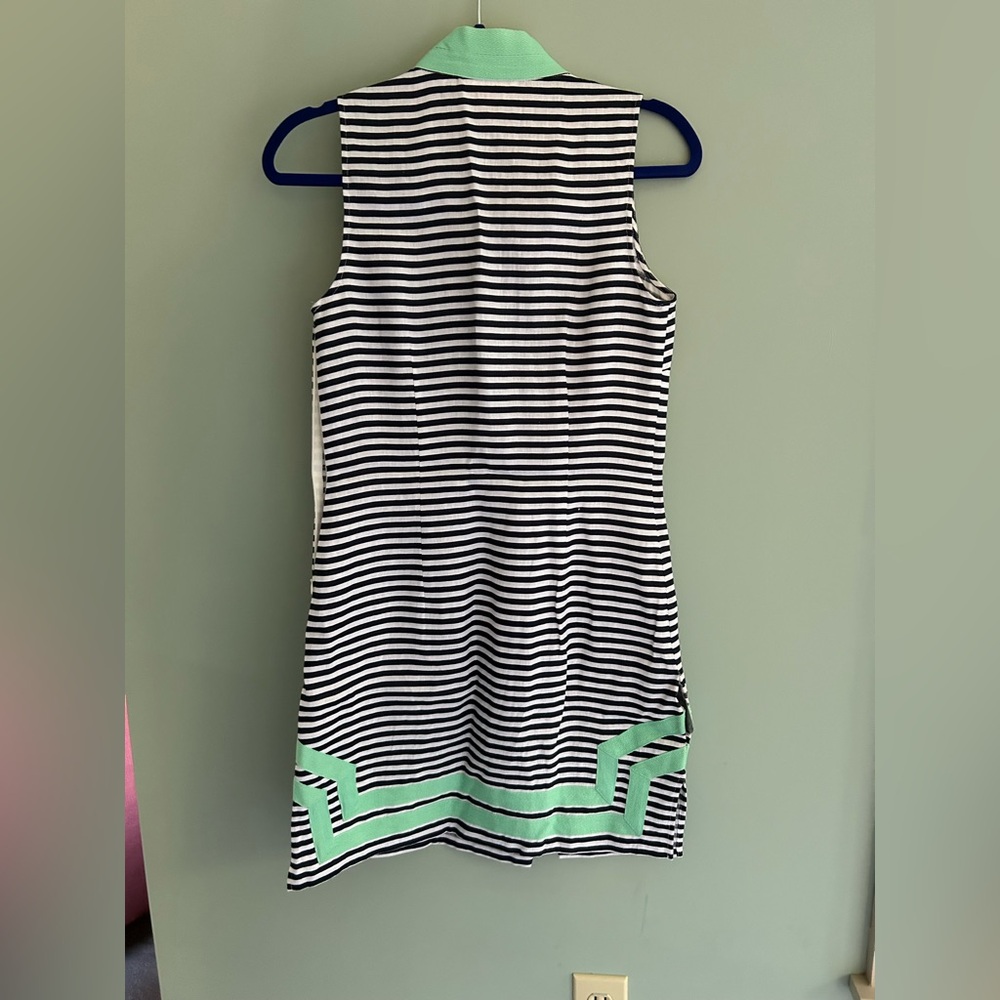 Sail to Sable Navy and White Striped Dress with Mint Trim